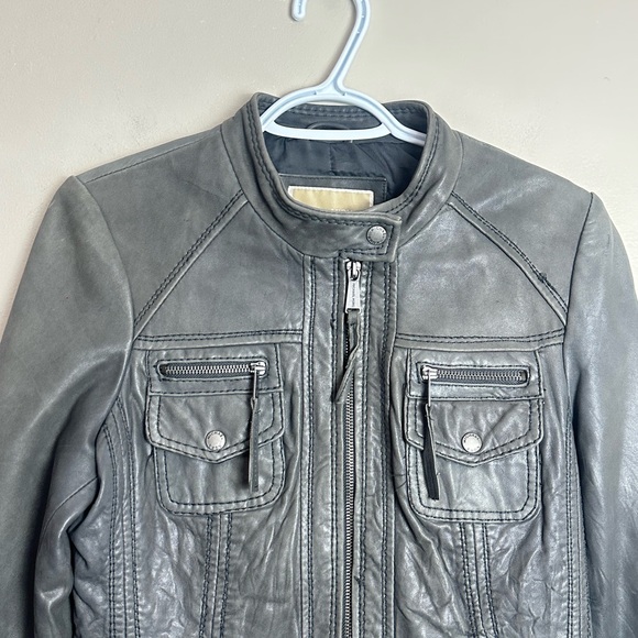 Michael Kors Leather Moto Jacket Size S Gray Genuine Leather Biker Jacket - Picture 3 of 6